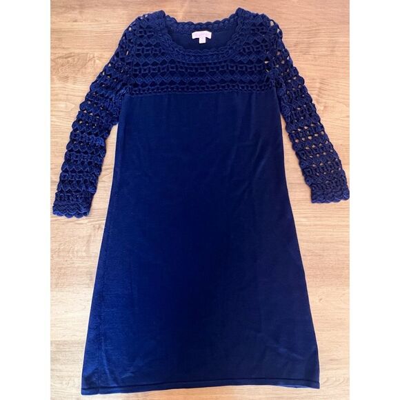 Lilly Pulitzer Kariana Sweater Shift Dress Med Navy Blue Merino Wool Crocheted - Picture 6 of 9